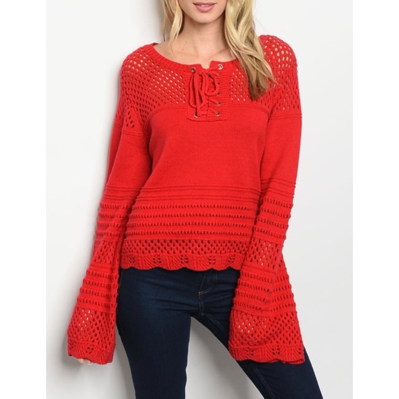 ❄️Red Sweater Criss Cross Tie Detail - Picture 3 of 7